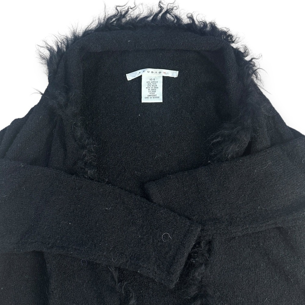 STUDIO M Black Knit Cardigan Sweater Fringe Trim Open Front‎ Women XS S